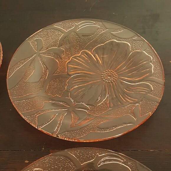 4pc Pink Glass Plates Floral Hibiscus Dessert Plates - Picture 7 of 9
